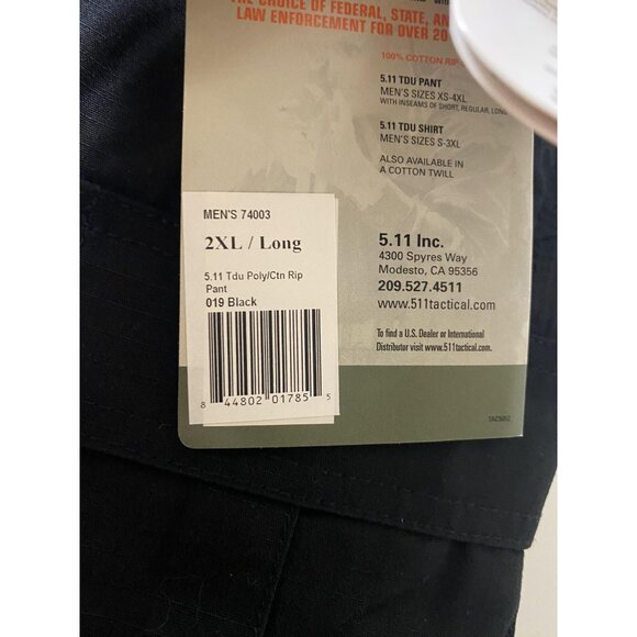 5.11 Tactical Pants Mens 2XL Long Black TDU Ripstop Cargo Drawstring Hem 74003 - Picture 4 of 5